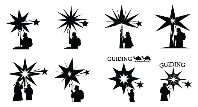 set of nativity scene silhouettes with stars and figures silhouette
