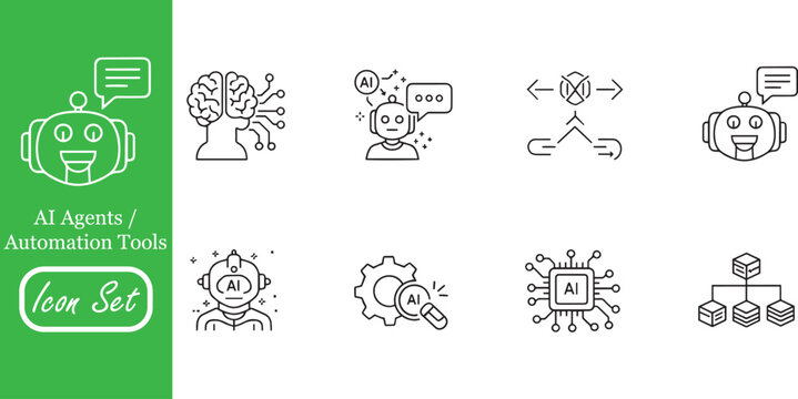 AI Agents and Automation Icons: Set of Artificial Intelligence, Chatbot Assistant, Machine Learning Process, Neural Network Brain, and Data Automation Vector Symbols for Tech Design