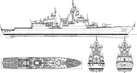 Modern Naval Warship Technical Line Art Set with Top Front Rear and Side Views Military Vessel Vector Illustration Collection © Bappi