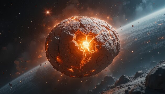 exploding planet in deep space with cosmic debris and dramatic lighting