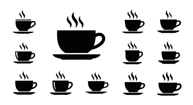 Collection of Black Coffee Cup Icons with Steam, Hot Drink Symbols