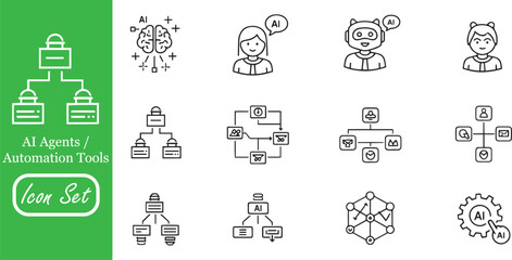 Fototapeta premium AI Agents and Automation Tools Icon Set: Autonomous AI Workflows, Neural Networks, Machine Learning Bots, and Intelligent Process Automation Linear Icons for Tech & SaaS UI