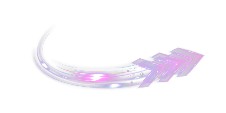 Neon arrow light trail with glowing purple speed swoosh dynamic motion streak curved energy line futuristic direction effect isolated on black background