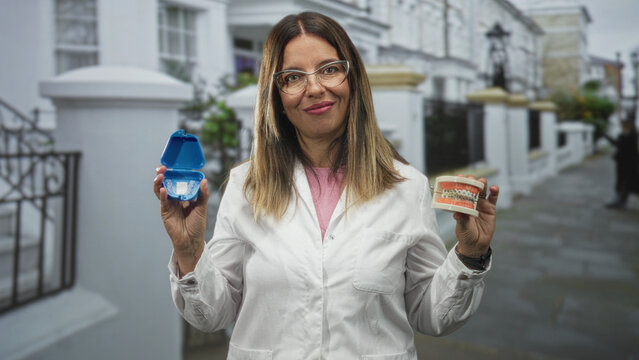 Woman dentist smiles and holds clear aligner case and dental model in both hands on street; dental care confidence.