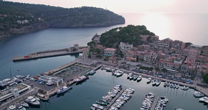 Port Soller Mallorca Sunset Aerial with Yachts and Cityscape