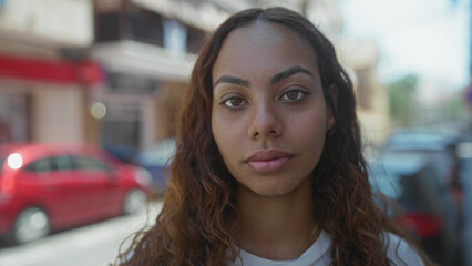 Fototapeta premium Woman face looking to side on city street with blurred red compact car and building behind; contemplation.
