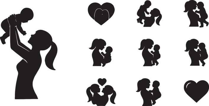 Mother joyfully lifting baby silhouette with a collection of happy family and love icons parent love newborn care graphic design silhouette happiness affection motherhood parental
