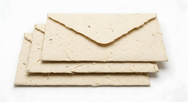 Handmade recycled paper envelopes, premium fibrous cream stationery stack on white background