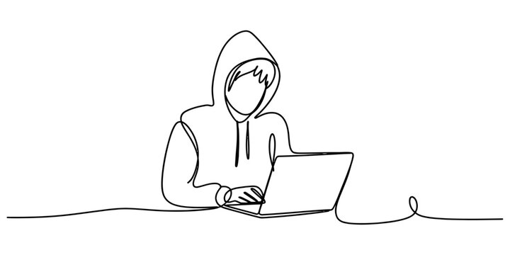 Continuous single line drawing of a hacker wearing a hoodie sitting and working on a laptop computer representing cyber crime or coding Vector, illustration