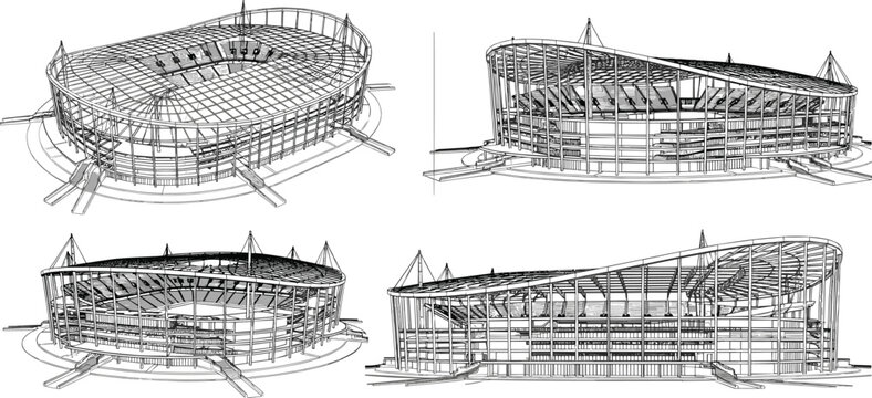 Modern Stadium Structural Wireframe Architecture Illustration Set with Multiple Perspective Views Sports Arena Engineering Vector Collection