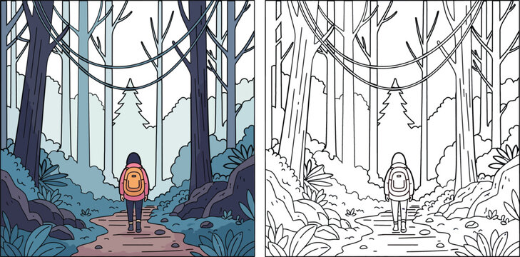 Cartoon Hiker with Backpack Walking on a Path in a Dense Forest
