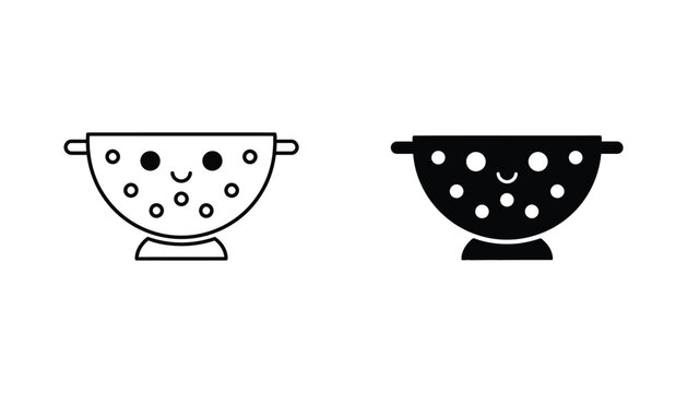 Cute colander kitchen tool character with a smiling face in outline and solid black silhouette styles for culinary and cooking design themes