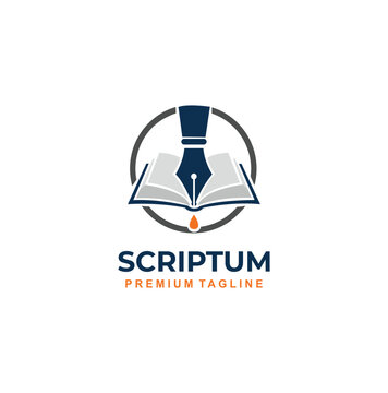 Professional modern scriptum logo with fountain pen and book.