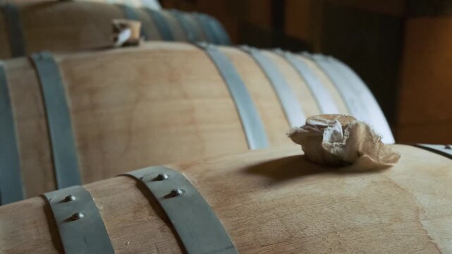 Close up of wooden wine barrels with metal hoops lined up in a traditional wine cellar for aging. Wine production, cellar ambiance and aging phase of winemaking in factory in Armenia