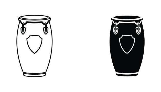 Conga drum musical instrument icon set with shield emblem design in line and silhouette