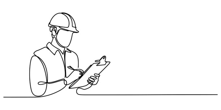 Continuous single line drawing of a construction worker wearing a safety helmet and holding a clipboard taking notes for site inspection Vector, illustration