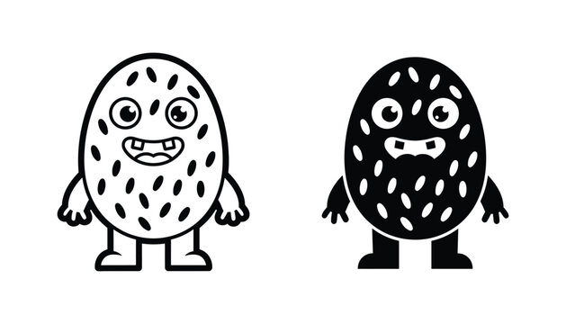 Funny egg shaped monster character icon set in line and solid black silhouette style