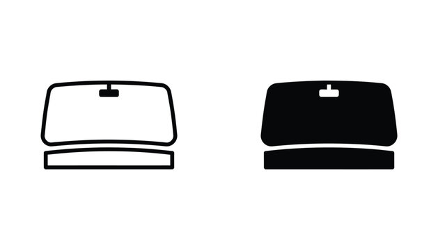 Car windshield with rearview mirror icon set featuring automotive glass design in clean outline and solid black silhouette styles for vehicle maintenance and repair UI elements isolated on white