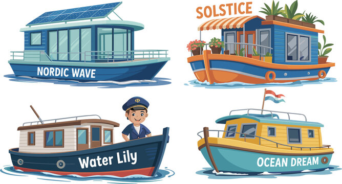 Vector illustration of unique houseboats with modern, cozy, and colorful designs featuring cabins, solar panels, and awnings