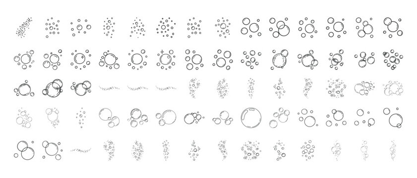 Minimal bubble circle elements set, water foam bubbles collection, abstract round air bubbles line icons, soda fizz shapes, clean vector isolated on white background