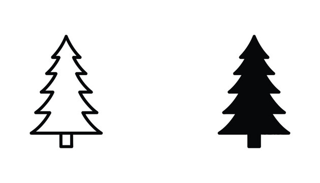 Minimalist pine tree silhouette and outline icon set for woodland nature and forest landscape design elements