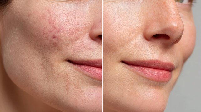 Before and after comparison of skin redness and pigmentation on female cheek showing dermatology treatment results