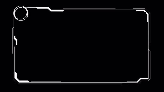 Futuristic HUD rectangular video frame animation with alpha channel and circular target corner for transparent sci fi technology screen overlay