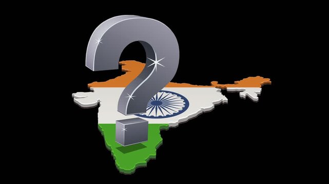 A metallic question mark floating over the map of India, representing national development and political uncertainty. Chroma key green screen with alpha channel. (loopable)