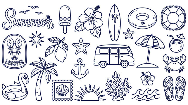 Summer elements including lobster, ice cream, surfboard, and travel van.