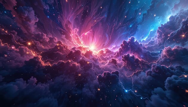 cosmic storm with lightning over mystical forest in purple twilight