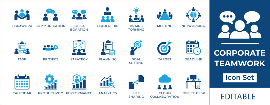 Corporate teamwork icon set featuring leadership, brainstorming, business strategy, cloud collaboration, project management, goal setting, and productivity analytics symbols.