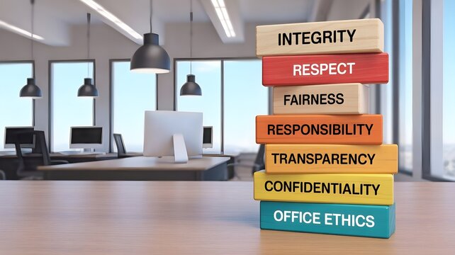 A stack of colorful blocks with office ethics words on them in a modern office setting