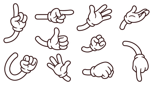 Cartoon hands in gloves making various gestures and pointing collection.