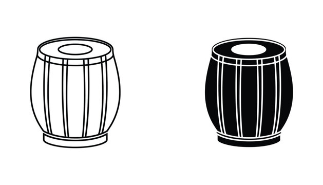 Traditional Indian tabla drum in outline and solid black silhouette vector graphics isolated on a white background