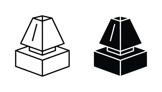 Stylized vector graphic of a lamp or light fixture with a square base and conical shade in outline and solid black