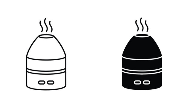 Minimalist vector illustration of an aroma diffuser emitting steam in outline and solid black silhouette isolated on white background