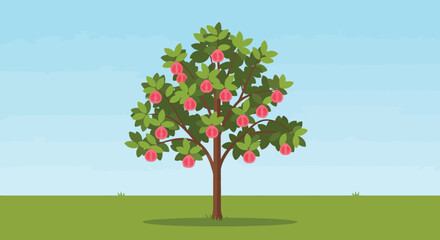 Fototapeta premium A colorful apple tree with red fruits standing in a green field