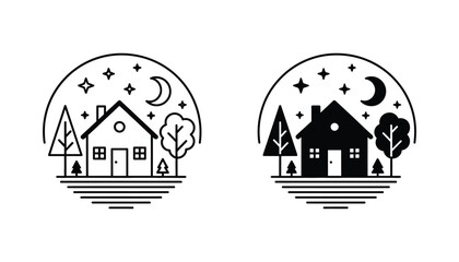 House night scene icon outline and silhouette landscape element for real estate and travel themes © tarustock