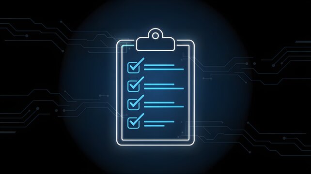 A glowing digital clipboard with checkmarks on a dark circuit background