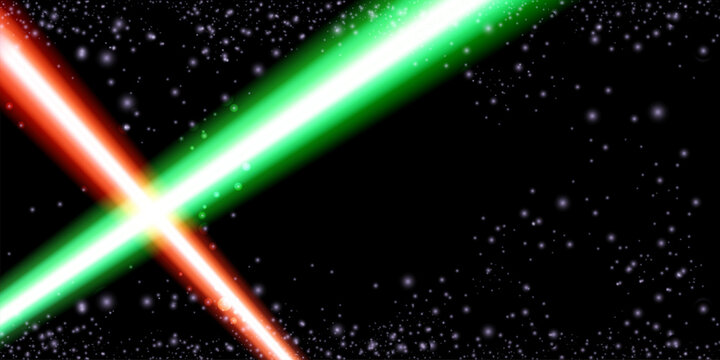 May The 4th Be With You with neon glowing lighting green and red laser sword. Star war day poster design template. vector illustration