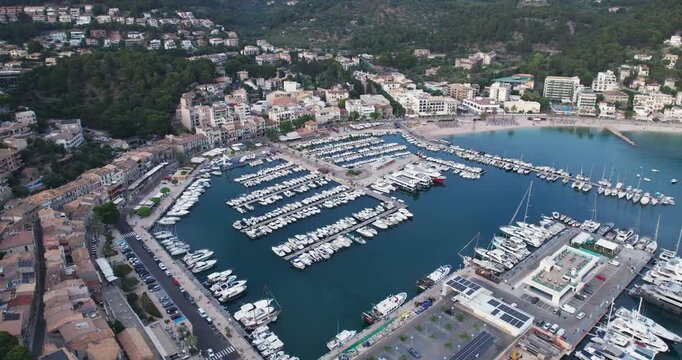 Aerial View of Port Soller Marina and Coastal Town in Mallorca Spain