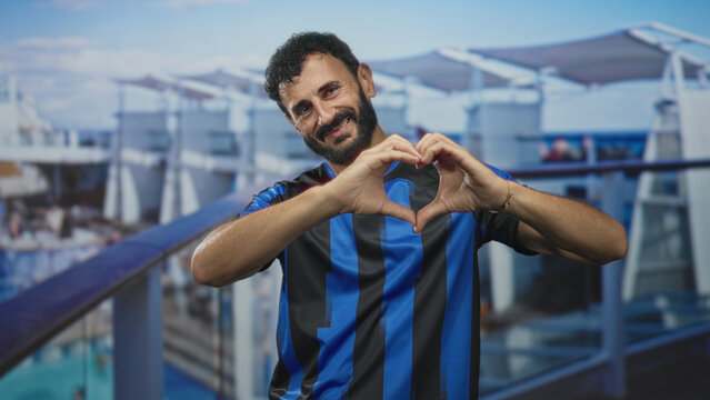 Man soccer player in blue and black striped jersey forming a heart with his hands, smiling and bearded on a studio set with a cruise deck backdrop; affection.