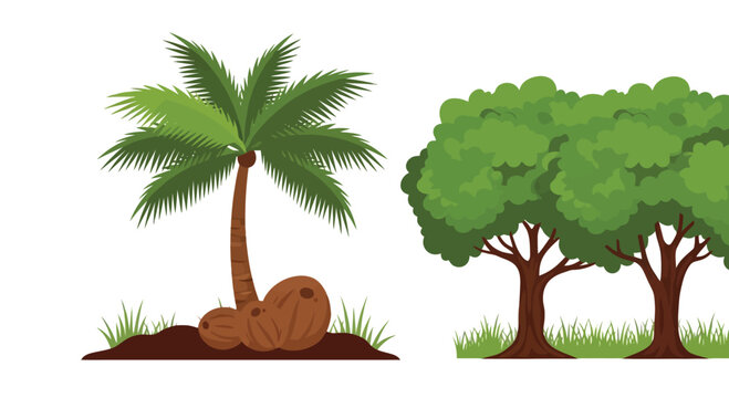 Green palm tree and deciduous tree illustration on grassy ground