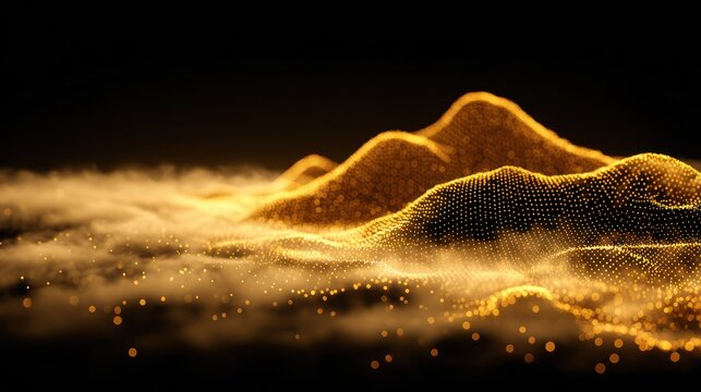 Illuminated digital terrain rises above a golden, misty ground plane in dark space