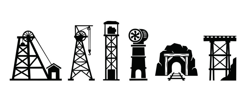 Mining Industry Equipment Icons Set, Underground Extraction Machinery and Infrastructure Symbols for Construction and Resource Engineering Projects, Industrial Mine Site Vector Illustration Collection