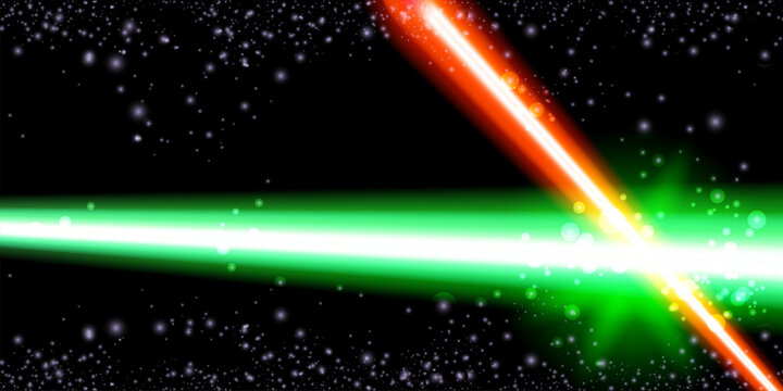 May The 4th Be With You with neon glowing lighting green and red laser sword. Star war day poster design template. vector illustration