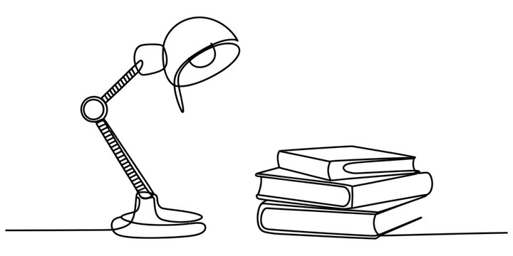 Continuous single line drawing of a desk lamp next to a stack of books representing study time learning reading education and knowledge Vector, illustration