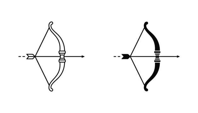 Line art and solid black silhouette of a bow and arrow icon representing archery sport hunting and targeting accuracy