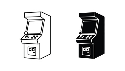 Classic arcade game machine line art and solid black silhouette icon for retro gaming entertainment and vintage technology © tarustock