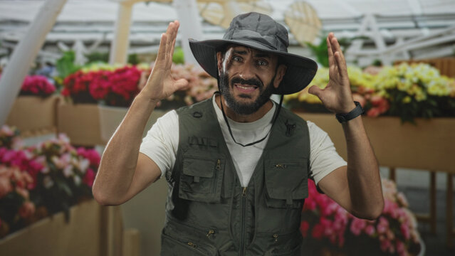 Man raises hands and gestures among packed flower boxes in a greenhouse, wearing a brimmed hat, fishing vest and t shirt while speaking to camera; exasperation storytelling.